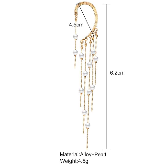 Boho Pearl Ear Wrap Earrings Gold Pearl Ear Cuff Earrings Long Drop Tassel Pearl Earrings Festival Gothic Earrings Non Piercing Ear Climber Cartilage Earrings Jewelry for Women and Girls-Velvo Beauty