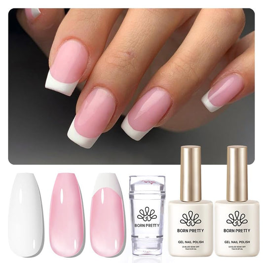 Born Pretty French Manicure Kit, Nail Stamper and 2Pcs Gel Nail Polish, Include Jelly Sheer Pink White Colors for French Tip, U V Light Cure-Velvo Beauty