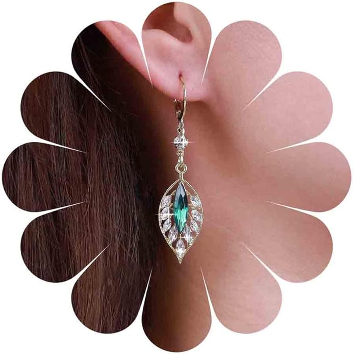 Vintage Emerald Leaf Earrings Rhinestone Leaf Drop Earrings Green Emerald Dangle Earrings Gold Crystal Leaf Hoop Earrings Jewelry for Women-Velvo Beauty