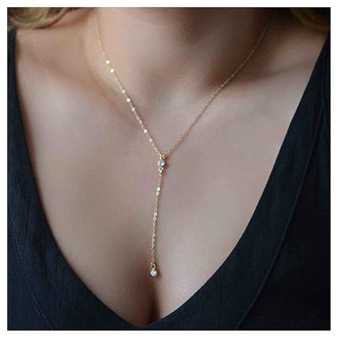 Boho Crystal Y Drop Necklace Choker Gold Long Y Necklace Chain Minimalist Cz Lariat Necklace Classic Simple Y Lariat Necklace Jewelry for Women and Girls Gifts-Velvo Beauty
