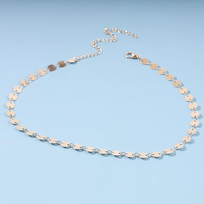 Boho Layered Satellite Disc Choker Necklace Gold Sequin Disc Chain Necklace Vintage Double Layer Necklace Short Collarbone Necklace Chain Jewelry for Women and Girls Gift-Velvo Beauty