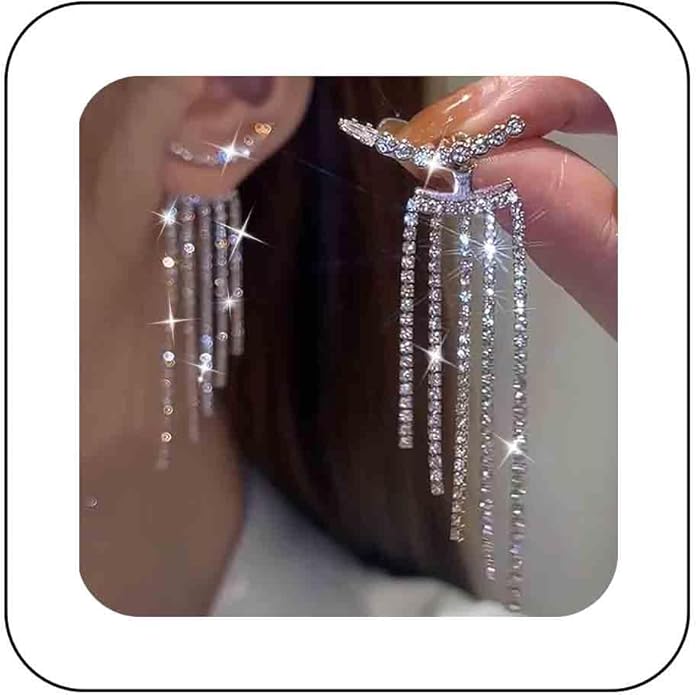 Vintage Rhinestone Chandelier Drop Earrings Crystal Ear Climber Earrings Long Tennis Chain Earrings Silver Cz Tennis Chain Tassel Earrings Jewelry for Women-Velvo Beauty