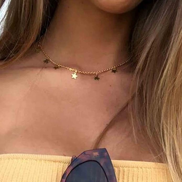 Boho Star Choker Necklace Gold Star Dangle Necklace Chain Short Minimalist Necklace Gold Collarbone Necklace Jewelry for Women Gifts-Velvo Beauty