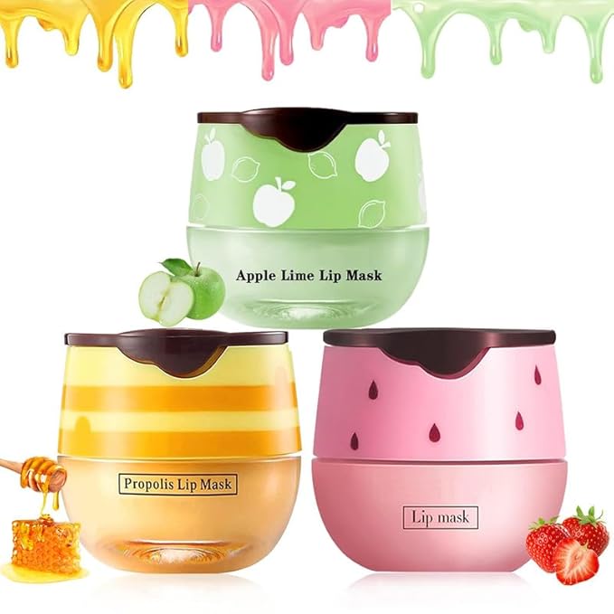 3PCS Bee Lip Balm Honey Pot,Honey&Apple Lime Lip Mask Overnight Moisturizing Lip Balm,Hydrating Prevention Dry and Cracked Reduces Lip Lines Lip Sleeping Mask (Honey+Strawberry+Apple Lime)-Velvo Beauty