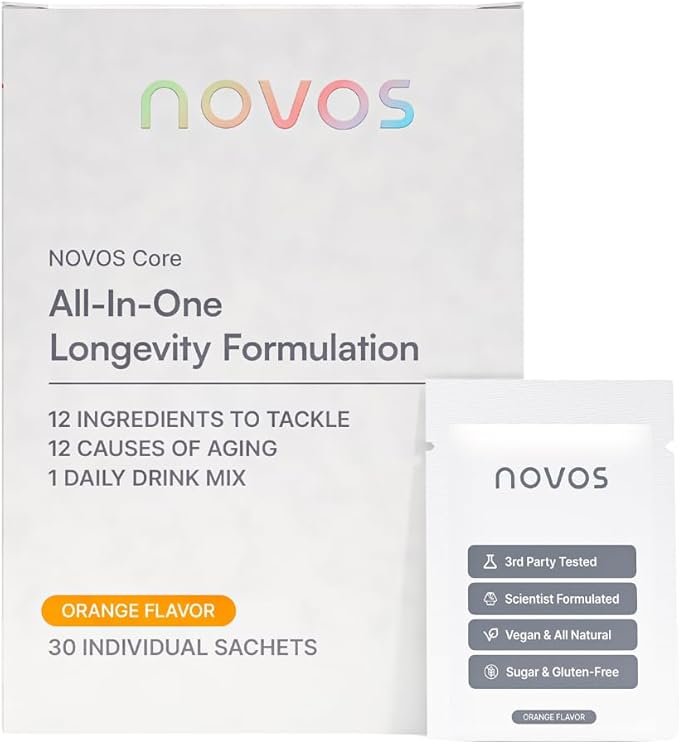 NOVOS Core Longevity Mix, Anti-Aging Supplement, Drink Powder Packet Orange Flavor - Skin Support, Energy, Mood Support, Sleep and Cognition Support - 30 Servings-Velvo Beauty