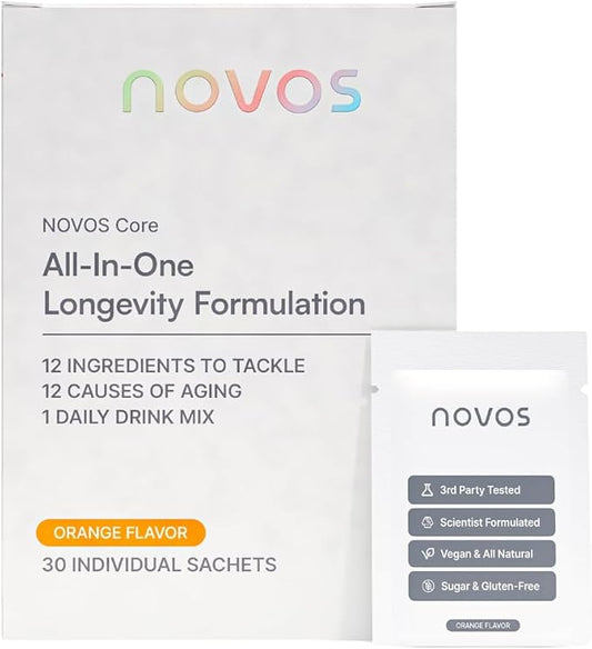 NOVOS Core Longevity Mix, Anti-Aging Supplement, Drink Powder Packet Orange Flavor - Skin Support, Energy, Mood Support, Sleep and Cognition Support - 30 Servings-Velvo Beauty