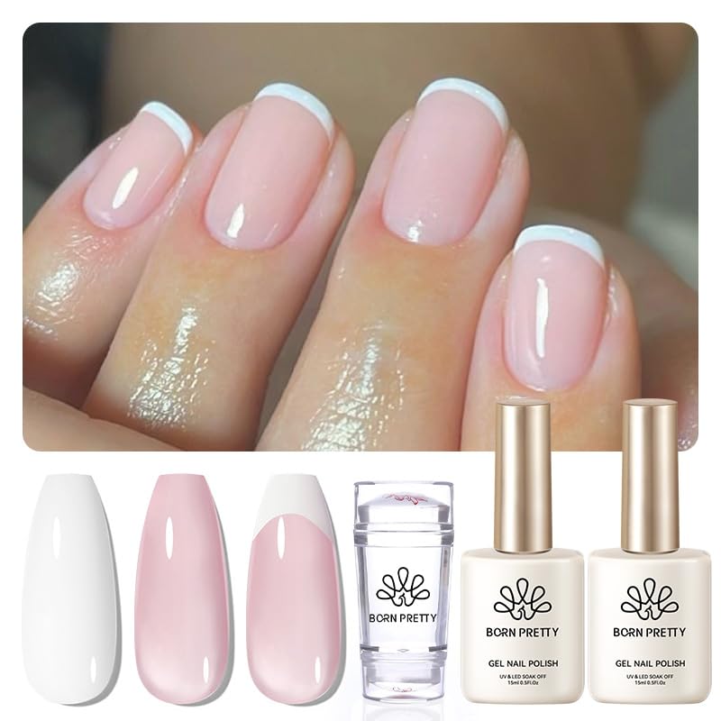 Born Pretty French Manicure Kit, Nail Stamper and 2Pcs Gel Nail Polish, Include Jelly Milky Pink White Colors for French Tip, U V Light Cure-Velvo Beauty