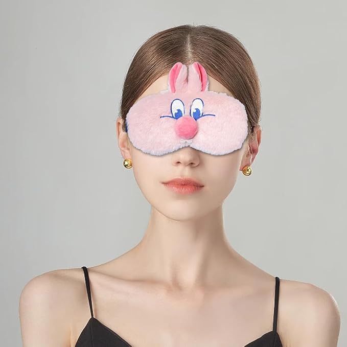PERFECTSIGHT Bunny Eye Masks, Cute Plush Sleep Eye Cover Lightweight Adjustable Eyeshade Faux Fur Mask Cover for Women Men Sleep Travel Nap, Pink Nose-Velvo Beauty