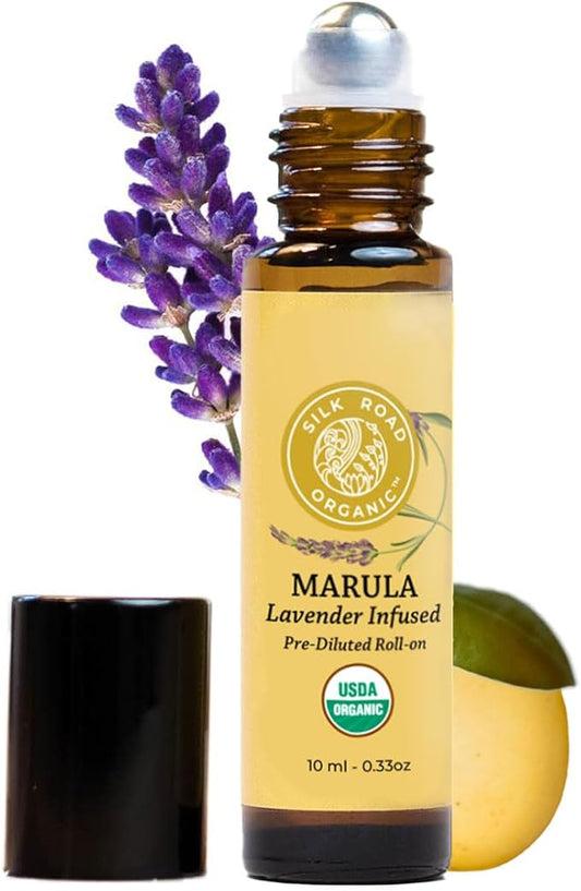 Silk Road Organic Marula Seed & Lavender Essential Oil, 100% Pure USDA Certified Aromatherapy, Deep Hydration for Face, Body, Lips, Hair, Nails - 10 ml Roller by Silk Road Organic-Velvo Beauty