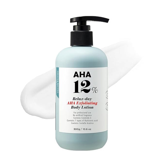 V11FACTORY AHA 12% Glycolic Acid Body Lotion – Korean Exfoliating & Hydrating Body Cream with Hyaluronic Acid & Collagen – Unscented, Paraben-Free Skin Smoothing Moisturizer, 10.6 oz-Velvo Beauty