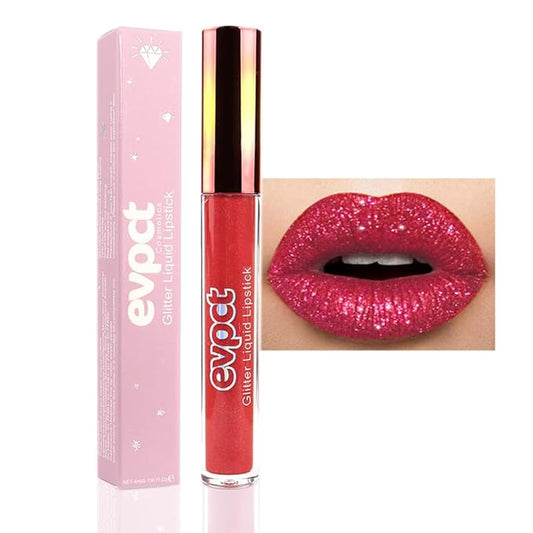 evpct 1Pcs Hot Bright Red Glitter Metallic Shimmer Diamond Lipstick Lip Gloss Stain Set for Women Long Lasting Waterproof, Dark Red Sparkle Glitter Matte long wear Liquid Lipstick Lip Makeup Kit-Velvo Beauty