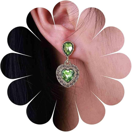 Vintage Emerald Heart Earrings Emerald Cz Teardrop Earrings Rhinestone Heart Drop Earrings Green Gemstone Stud Earrings Jewelry for Women(Green)-Velvo Beauty