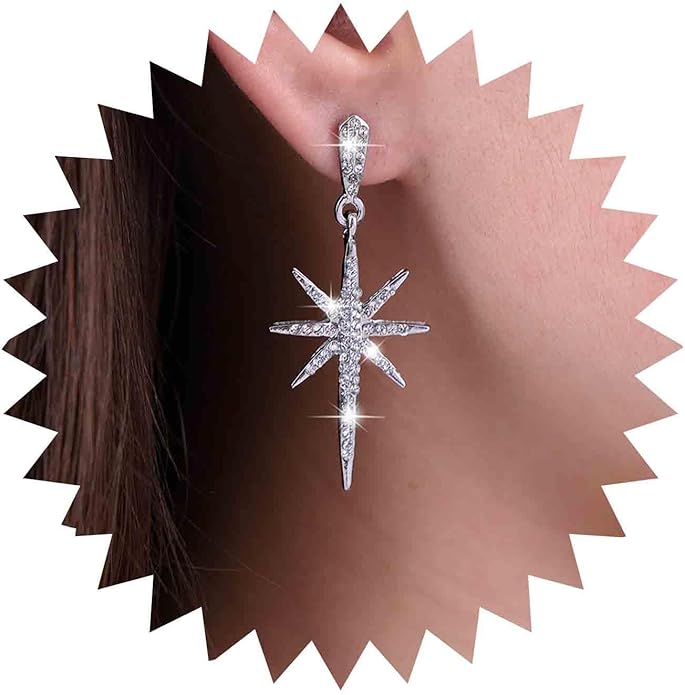 Vintage Crystal Northstar Dangle Earrings Rhinestone Northstar Studs Earrings Gold Cz Star Drop Earrings Sparkly Cz Starburst Earrings Jewelry for Women-Velvo Beauty