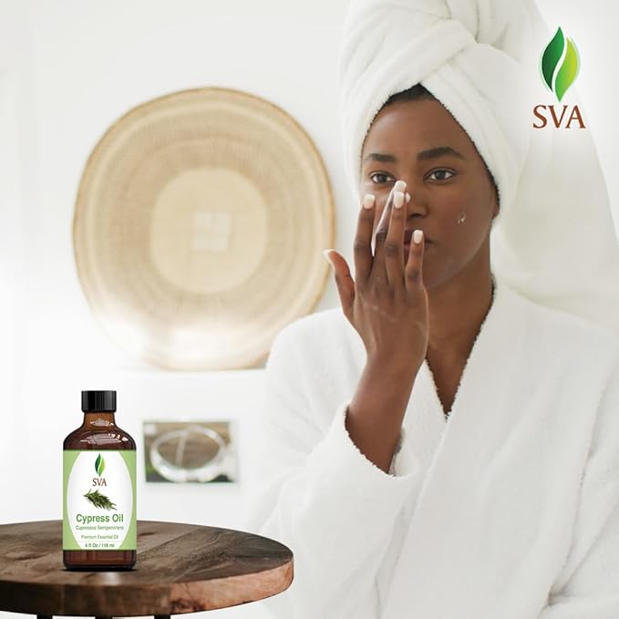 SVA Cypress Essential Oil – 4 Fl Oz – 100% Natural Cypress Oil - for Diffuser, Hair Care, Face, Skin Care, Aromatherapy, Scalp and Body Massage, Soap and Candle Making – with Dropper-Velvo Beauty