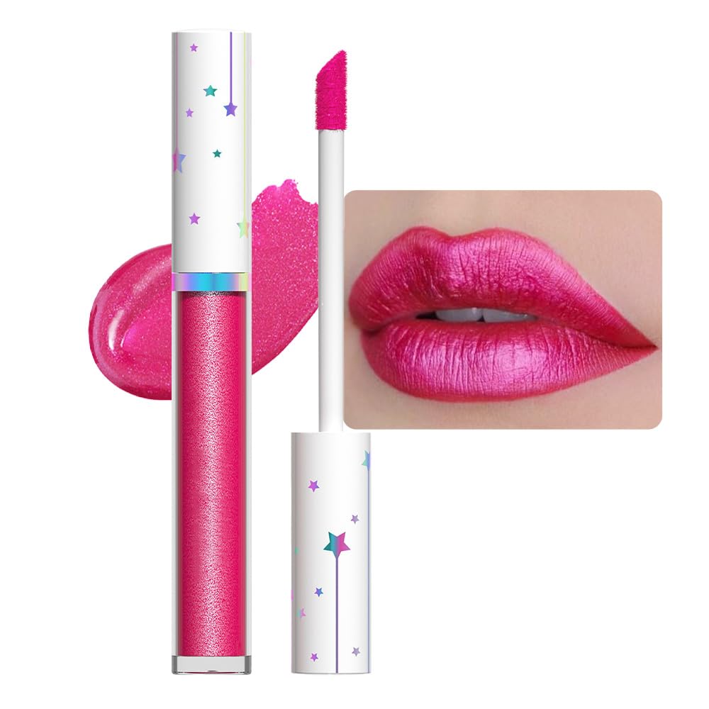 evpct 1Pcs Hot Pink Metallic Glitter Lip Gloss Stain lip color Lipstick for Women Long Lasting Waterproof 24, Rose Pink Frosted Metallic Shimmer Chrome iridescent Liquid Lipstick Lip Gloss Makeup, 01#-Velvo Beauty