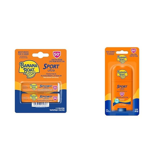 Banana Boat Sport Ultra SPF 50 Lip Sunscreen Twin Pack | SPF Lip Balm Pack & Sport Ultra, Reef Friendly, Broad Spectrum Sunscreen Stick, SPF 50, 1.5oz.-Velvo Beauty