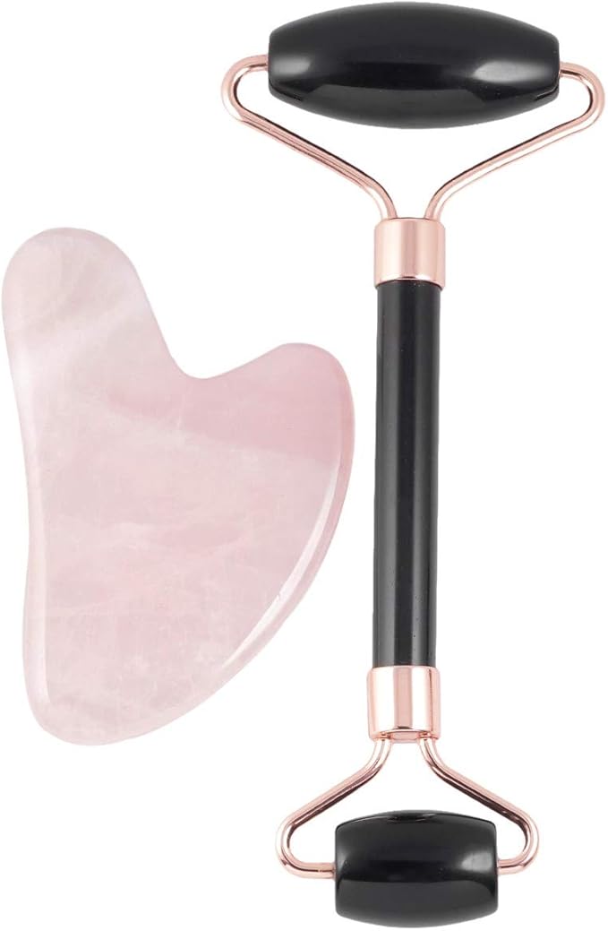 Rockcloud Natural Crystal Jade Roller and Gua Sha Scraping Set Massager Tool for Anti Aging Beauty Neck Body Reduce Wrinkles Facial Massager Therapy Black Obisidian and Rose Quartz Crystal Stone-Velvo Beauty