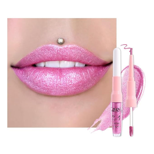 evpct Pink Metallic Glitter Lip Liner and Lipstick Combo Lip Gloss Stain Set Makeup for Women Long Lasting Waterproof 24, Rose Pink Metallic Shimmer Frosted Iridescent Glossy Liquid Lipstick 21-Velvo Beauty