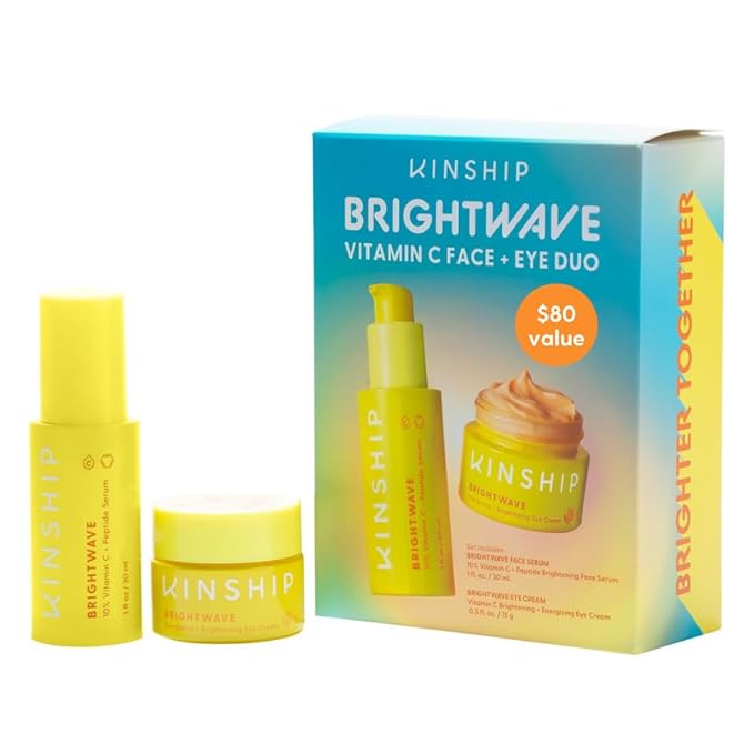 Kinship Brightwave Vitamin C Face + Eye Duo | 10% Vitamin C Serum (1 Fl Oz) | Brightening Eye Cream (0.5 Oz) | Fade Dark Spots | Reduce Fine Lines, Wrinkles, Dark Circles + Puffiness | All Skin Types-Velvo Beauty