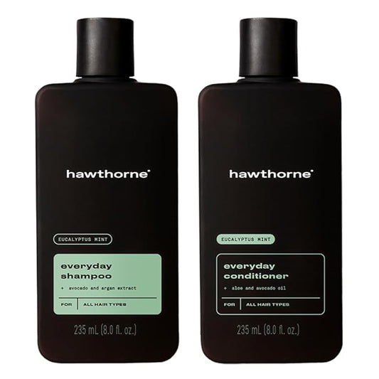Hawthorne Men's Everyday Shampoo and Conditioner Set. For Stronger, Healthier Hair with Pure Avocado Oil and Coconut Oil. Mint and Eucalyptus Scent. Sulfate Free, Paraben Free. 8 fl. oz each.-Velvo Beauty
