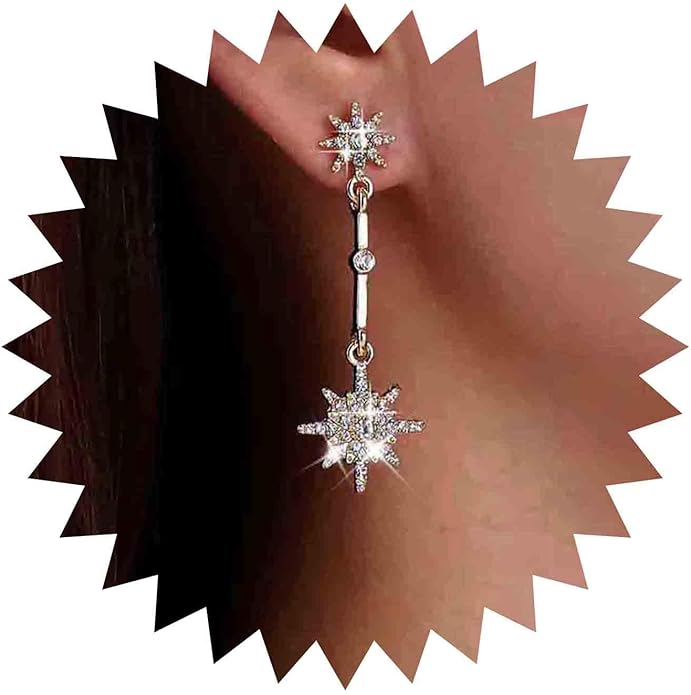 Vintage Crystal Starburst Drop Earrings Long Rhinestone Northstar Earrings Gold Cz Star Dangle Earrings Cz North Star Stud Earrings Jewelry for Women-Velvo Beauty