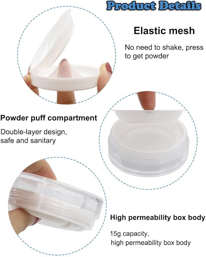 AKOAK Capacity 15ml(0.5 oz) No Leaks Empty Reusable Plastic Loose Powder Compact Container DIY Makeup Powder Case with Sponge Powder Puff, Elasticated Net Sifter and Threaded Screw Lid (White)-Velvo Beauty