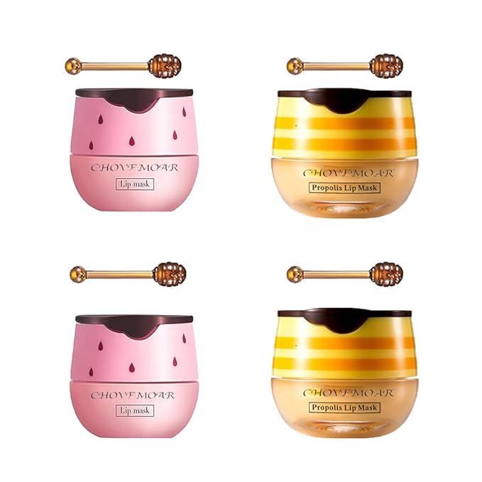 4PCS Nourishing Bee Lip Balm Honey Pot, Honey & Strawberry Lip Mask Moisturizing Lip Balm with Brush, Hydrating & Prevention Dry and Cracked Lips Reduces Lip Lines Lip Care Product-Velvo Beauty