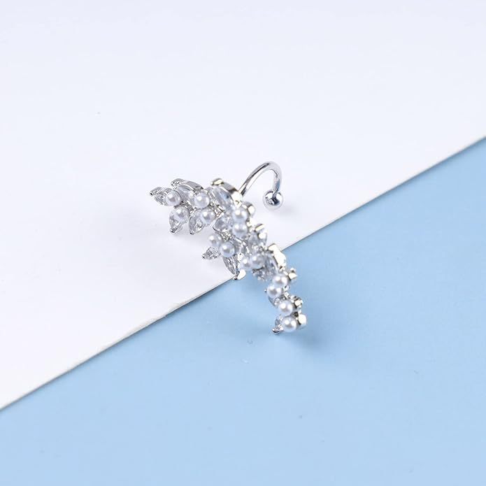 Vintage Crystal Pearl Ear Cuff Earrings Rhinestone Butterfly Cuff Wrap Earrings Cz Butterfly Ear Climber Cuff Earrings Silver Pearl Cz Non Piercing Earring Jewelry for Women(Left)-Velvo Beauty