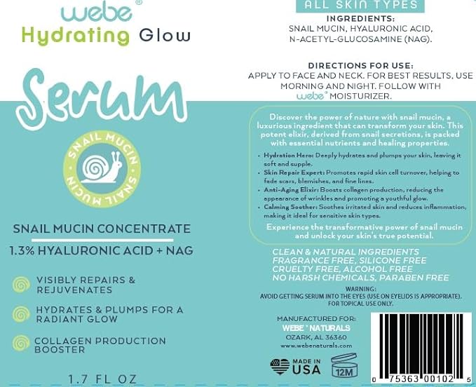 WEBE Naturals Snail Mucin 94% Hydrating Glow Serum | 1.3% Hyaluronic Acid & N-Acetyl Glucosamine | Collagen Boosting, Plumping, Anti Aging, Intense Moisturizing Serum for Radiant, Dewy Skin-Velvo Beauty