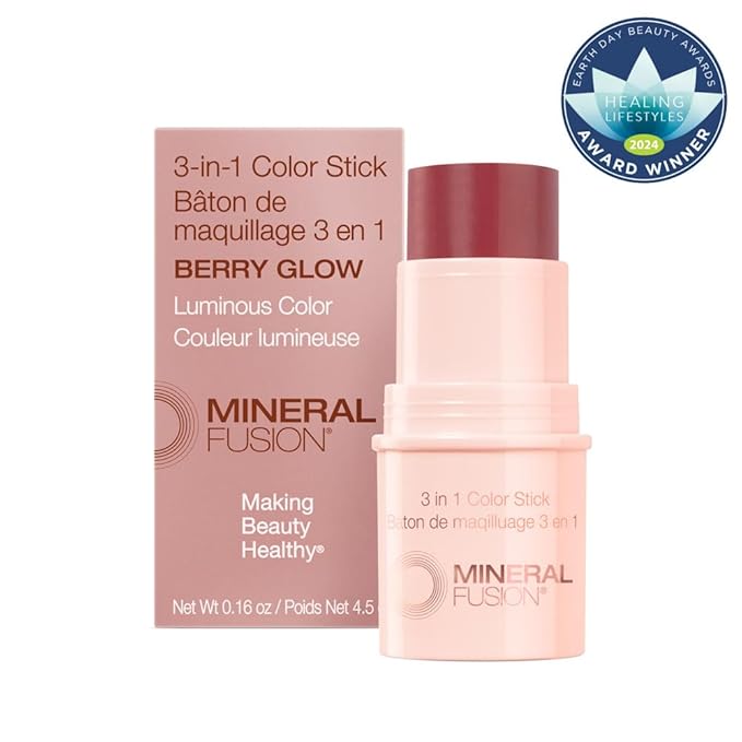 Mineral Fusion 3-in-1 Color Stick, Instant Color Pop and Blush for Cheeks, Creamy Lightweight Formula, Multi-Use Eye, Face, and Lip Makeup, Berry Glow-Velvo Beauty