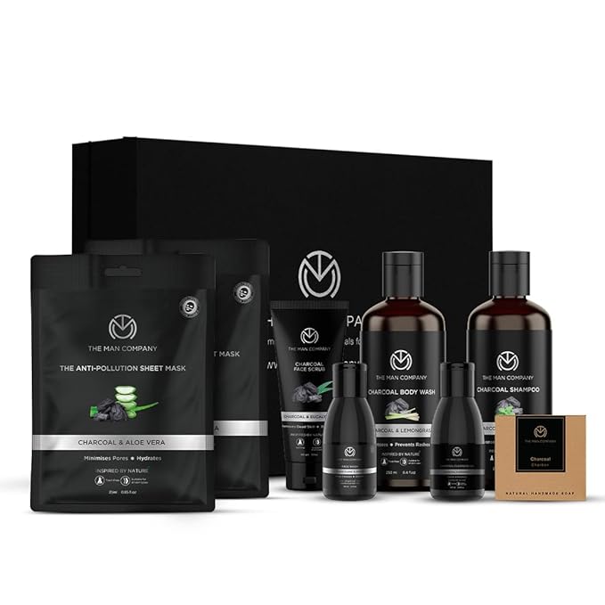 The Man Company Ultimate Charcoal Detan Kit with Elegant Gift Box | Charcoal Body wash, Shampoo, Face Scrub, Face wash, Charcoal Soap, Cleansing gel, Charcoal Sheet mask*2 (Set of 8)-Velvo Beauty