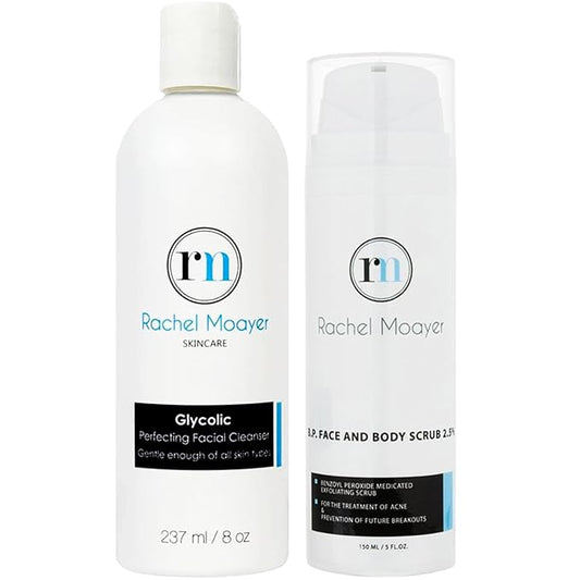 Rachel Moayer Skincare Cleansing Essentials Bundle includes RM Perfecting cleanser and RM BP Face & Body Scrub 2.5%-Velvo Beauty