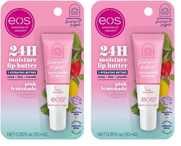eos Sunset Sips Lip Butter Tube- Pink Lemonade, 24-Hour Moisture, Overnight Lip Mask, Lip Care Products, 0.35 fl oz (Pack of 2)-Velvo Beauty
