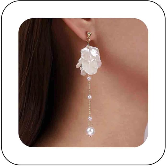 Vintage Pearl Flower Drop Earrings Long Pearl Chain Earrings Gold Pearl Tassel Earrings White Flower Dangle Earrings Jewelry for Women-Velvo Beauty