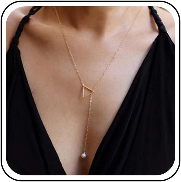 Boho Pearl Triangle Necklace Gold Y Pearl Necklace Minimalist Y Lariat Necklace Geometry Chain Jewelry for Women and Girls-Velvo Beauty