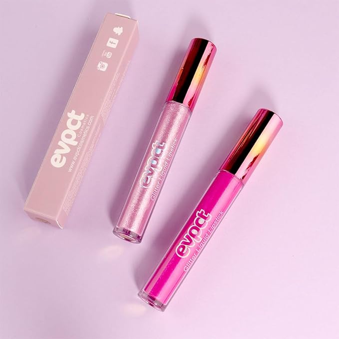 evpct 2Pcs Rose & Hot Pink Glitter Metallic Shimmer Diamond Lipstick Lip Gloss Set for Women Long Lasting Waterproof, Light Bright Rose Pink Sparkle Glitter Matte Liquid Lipstick Lip Makeup Kit-Velvo Beauty