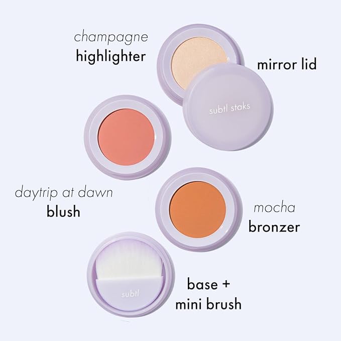 Subtl Beauty 3-in-1 travel makeup kit by subtl staks | powder blush, bronzer, and highlighter | includes mirror lid and mini brush | for medium-tan skin tones-Velvo Beauty