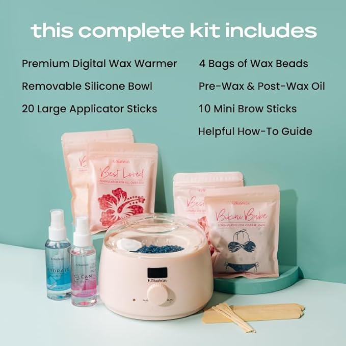 KoluaWax Premium Waxing Kit for Women - Hot Melt Wax Warmer for Hair Removal, Eyebrow, Bikini, Legs, Face, Brazilian & More - Machine + 4-Pack Hard Wax Beads + Accessories, Blush-Velvo Beauty