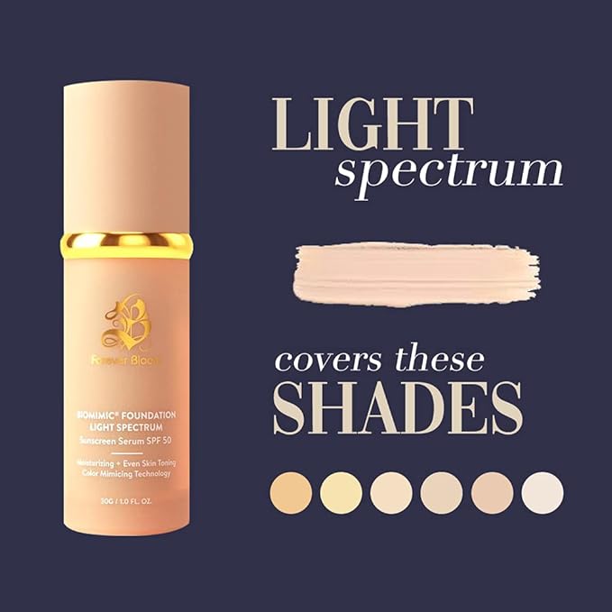 Bio Mimic Foundation Light Spectrum by Forever Bloom; Hydrating, Anti-Aging, Concealing, Evening skin tone, Protecting from Sun with SPF50; Lifestyle Lightweight Foundation for Gym, Sports, Dancing-Velvo Beauty