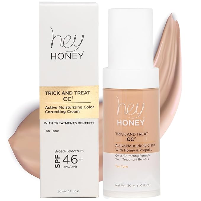 Hey Honey Trick and Treat CC² Cream SPF 46 | Active Moisturizing Color Correcting Cream with Honey & Propolis | Best Cover For Rosacea, Skin Redness & Mature Skin | 1 oz (Tan Tone)-Velvo Beauty