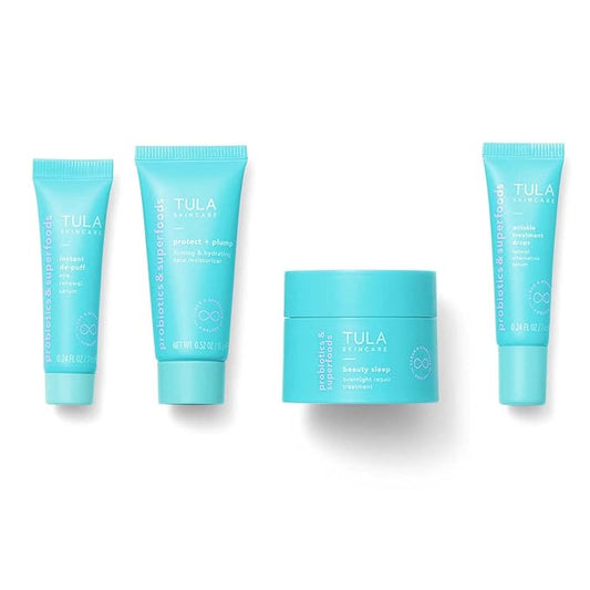 TULA Skin Care Your Best Skin At Every Age Firming & Smoothing Discovery Kit, New Packaging - Wrinkle Treatment, Face Moisturizer, Eye Serum and Overnight Repair Treatment, Anti-Aging, 4-Piece Kit-Velvo Beauty