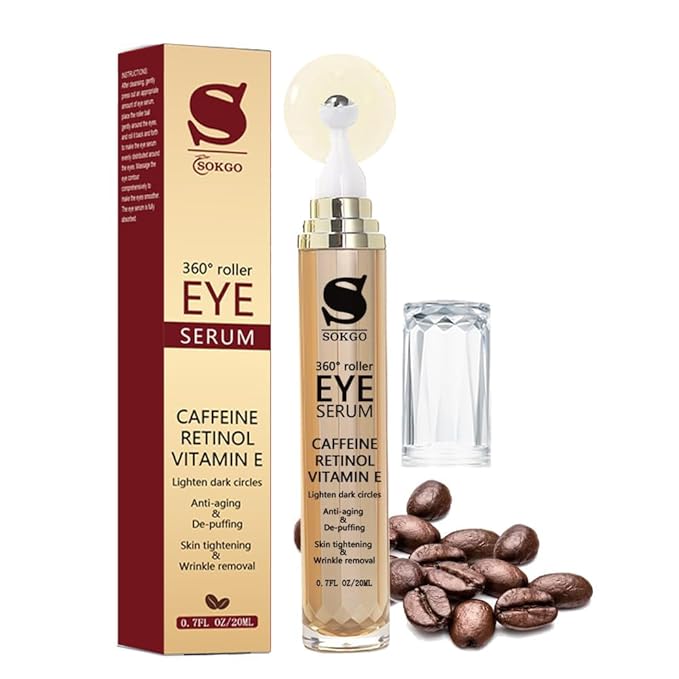 Caffeine Eye Serum Anti Aging, Retinol Eye Serum with 360° Massage Ball for Dark Circles and Puffiness, Deeply Moisturizing, Firms and Lifts Eye Skin, Enhance Skin Elasticity, Smooth Fine Lines-Velvo Beauty