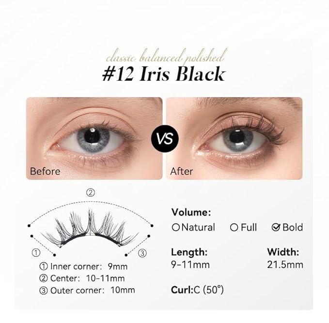 Soft Magnetic Eyelashes Kit with Applicator, No.12 Iris Black, Reusable Glue-free Wispy Magnetic Lashes, Cruelty-free False Lashes, Waterproof, Lightweight, Suit for Heavy Makeup-Velvo Beauty
