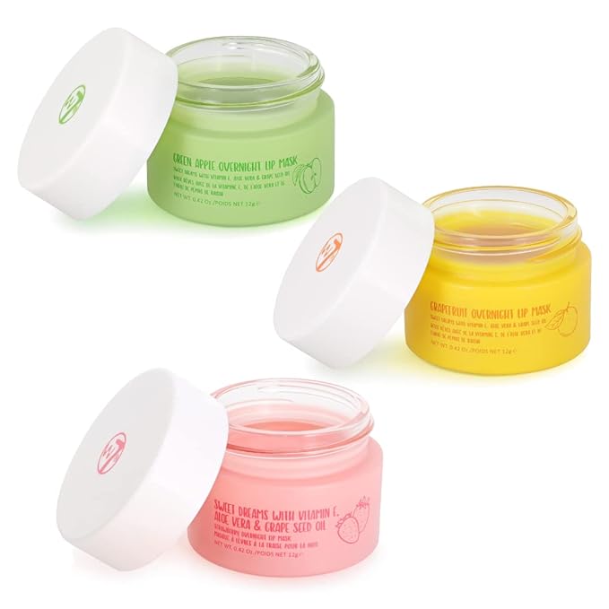 W7 Sweet Dreams Overnight Lip Mask Trio - Strawberry, Apple & Grapefruit Flavor 3 Pack - Vitamin E, Aloe Vera and Grape Seed Oil - For Hydrated, Full Looking & Irresistible Lips-Velvo Beauty