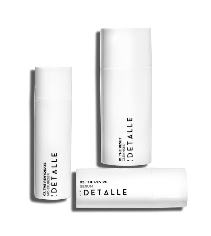 El Detalle - The Regimen - 3 Step Set | Men's simple and effective skin care, Includes: The Reset Cleanser, The Revive Serum, The Rehydrate Moisturizer, Suitable for all skin types; One-pump solution-Velvo Beauty