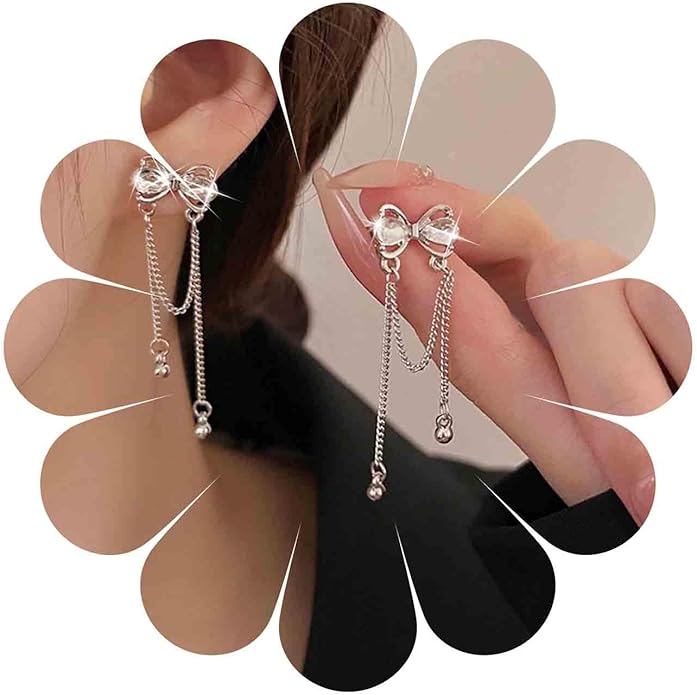 Vintage Crystal Bow Earrings Rhinestone Chain Drop Earrings Silver Long Chain Dangle Earrings Long Tassel Chain Earrings Jewelry for Women-Velvo Beauty