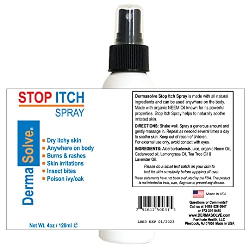Dermasolve Stop Itch Spray with 100% Organic Neem Oil, Scalp and Body Psoriasis Relief, Dry Skin, Bites, Sunburn, Burns and Rashes-Velvo Beauty