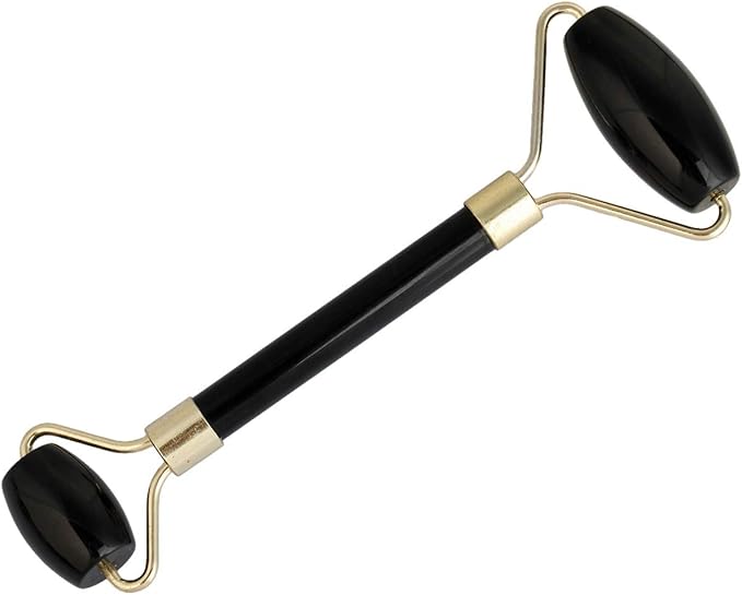 Rockcloud Natural Crystal Stone Roller Massager Double Neck Face & Neck Massage Therapy Anti-Aging Wrinkle Healing Slimming Skincare Tool,Black Obsidian-Velvo Beauty