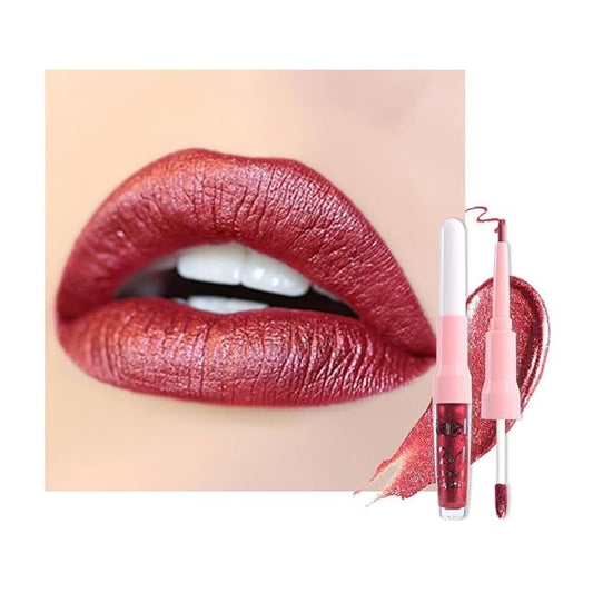 evpct Dark Red Metallic Glitter Lip Liner and Lipstick Combo Lip Gloss Stain Set Makeup for Women Long Lasting Waterproof 24, Wine Red Frosted Metallic Shimmer Glossy Chrome iridescent Liquid Lipstick-Velvo Beauty