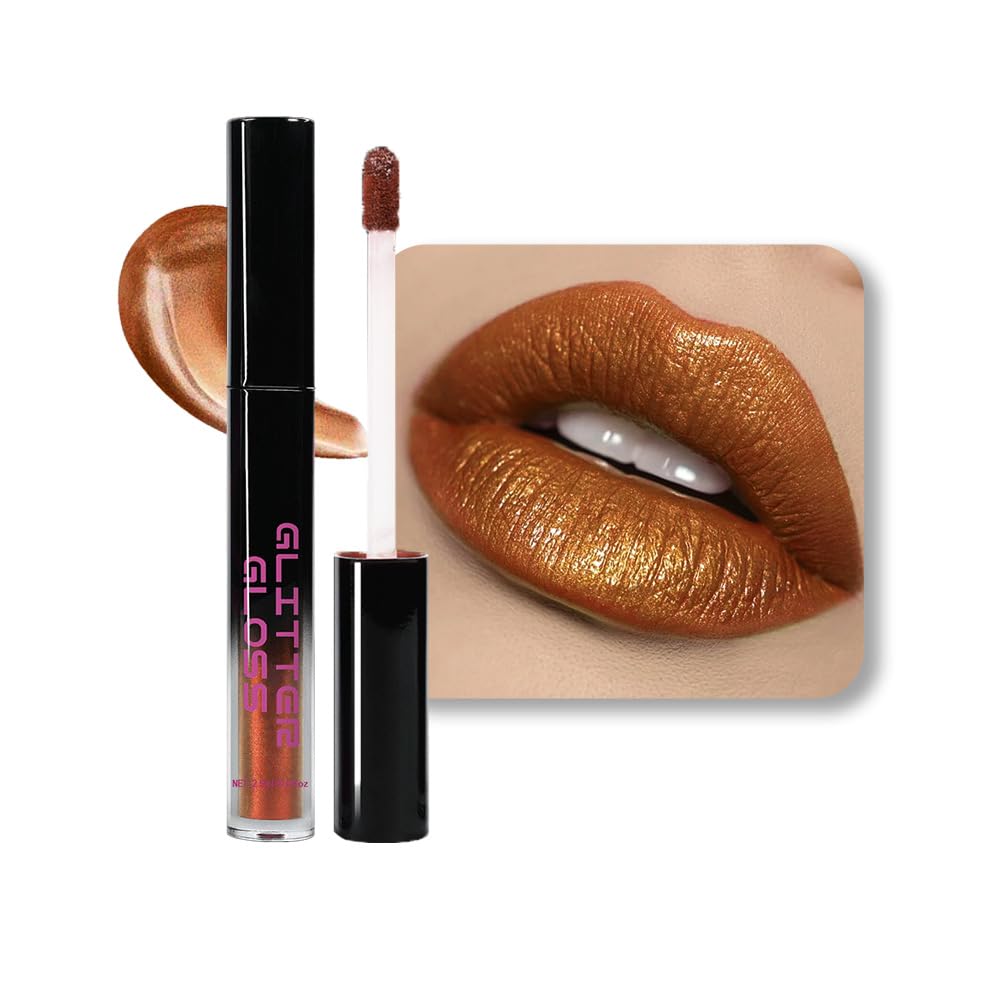 Golden Brown Metallic Lipstick for Women,Glitter Sparkling Liquid Lipstick,Long Lasting Waterproof Lightweight Comfortable Non-Drying Bold Dark Lip Gloss for Gothic Stage Makeup,Vegan-Velvo Beauty